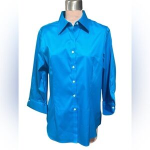 Kirkland Signature Blue Button-Up Stretch Poplin Blouse 3/4 Sleeve Size XL
